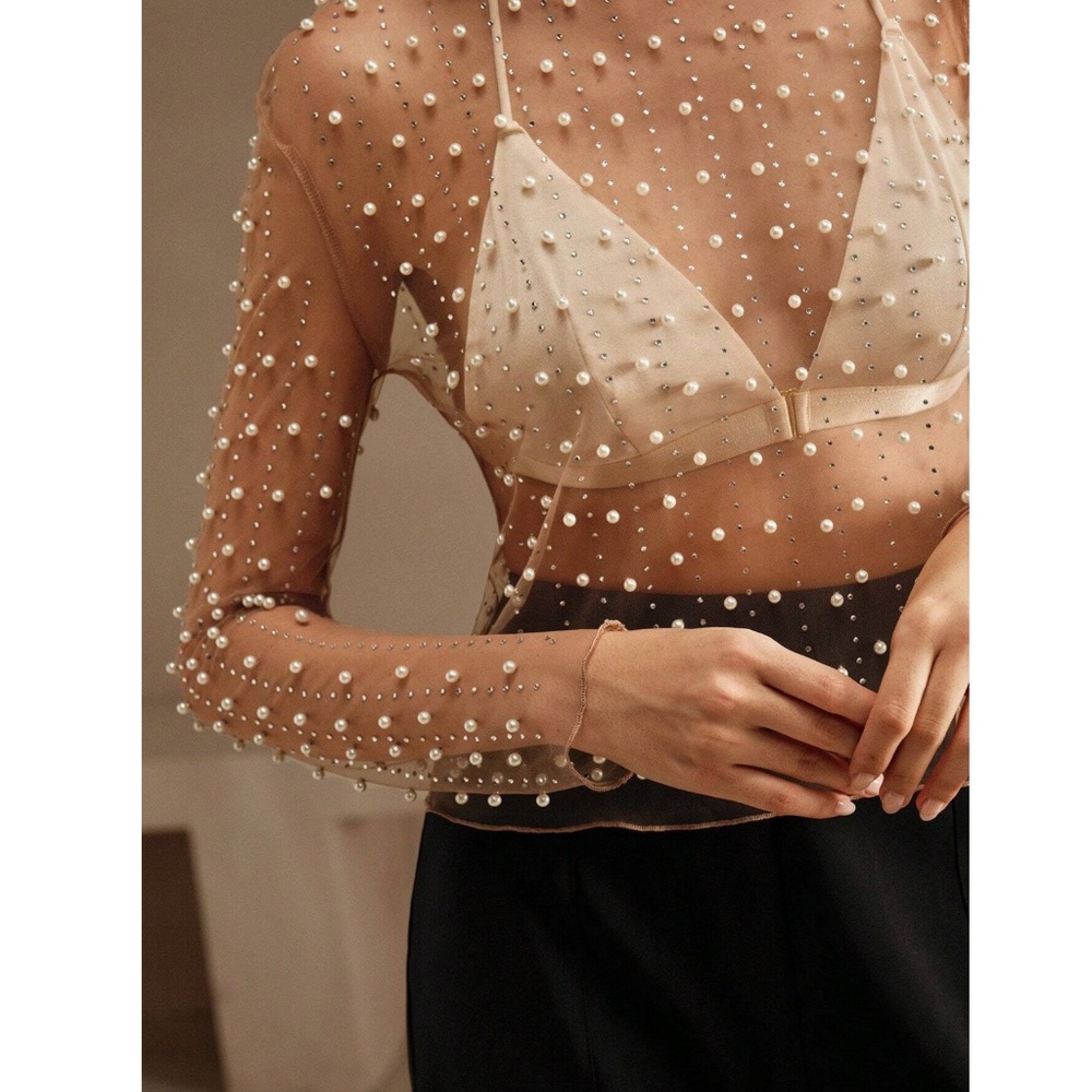 Beaded Tan Sheer Mesh Long Sleeve Shirt with Faux Pearls and Sparkles - Picture 4 of 10